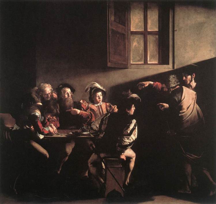 Köllun heilags Matteusar eftir Caravaggiou, máluð 1599-1600, olía á striga, 322 x 340 cm. Contarelli kapellunni, San Luigi dei Francesi, Róm
